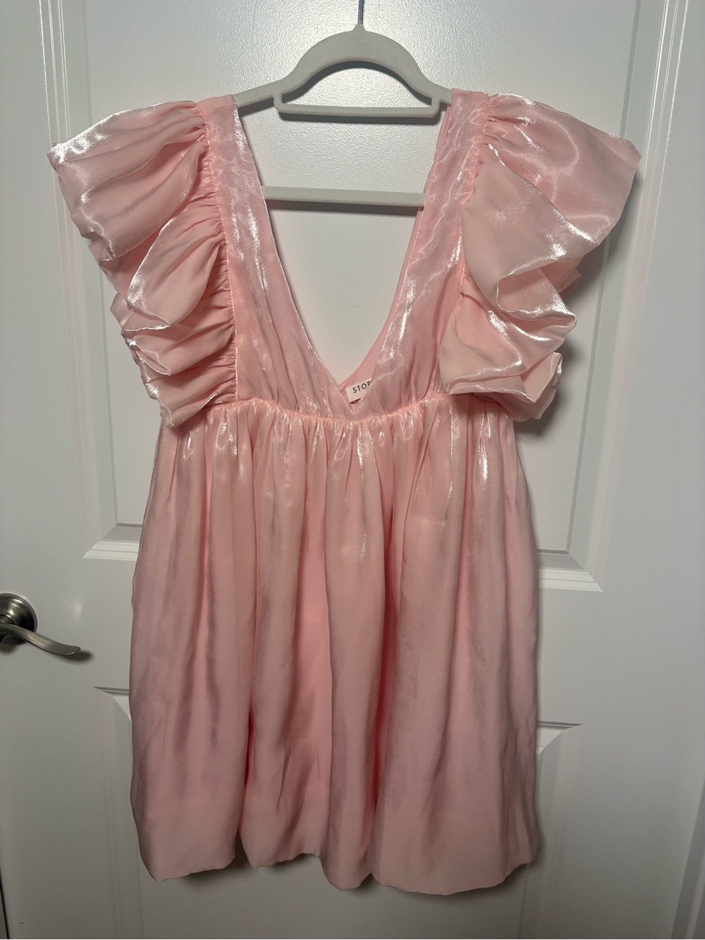 Storia Shimmery Pale Pink Ruffle Mini Dress